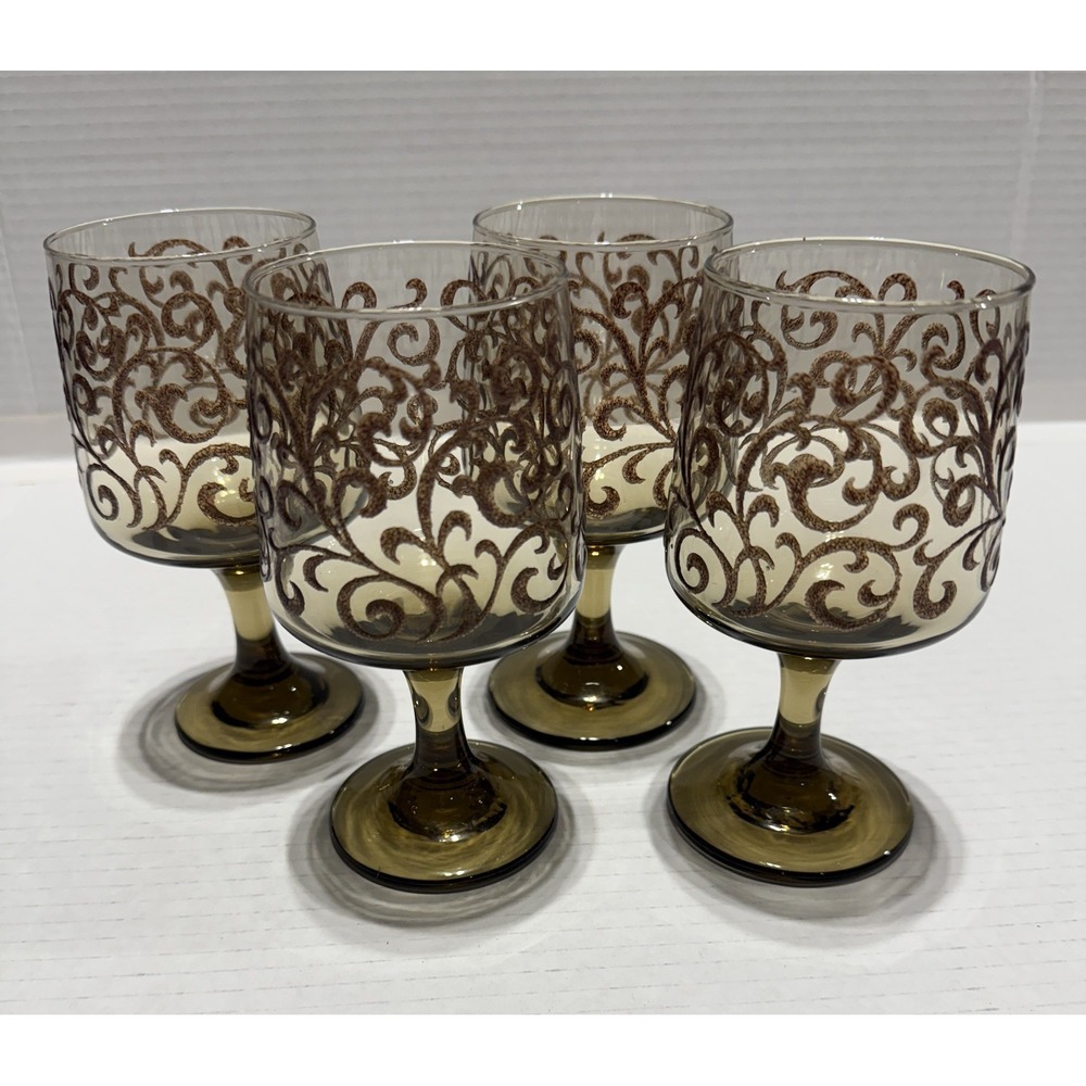 4 LIBBEY PRADO Vintage Stemmed Tawny Glass Goblet Wine Water Brown Scroll MCM